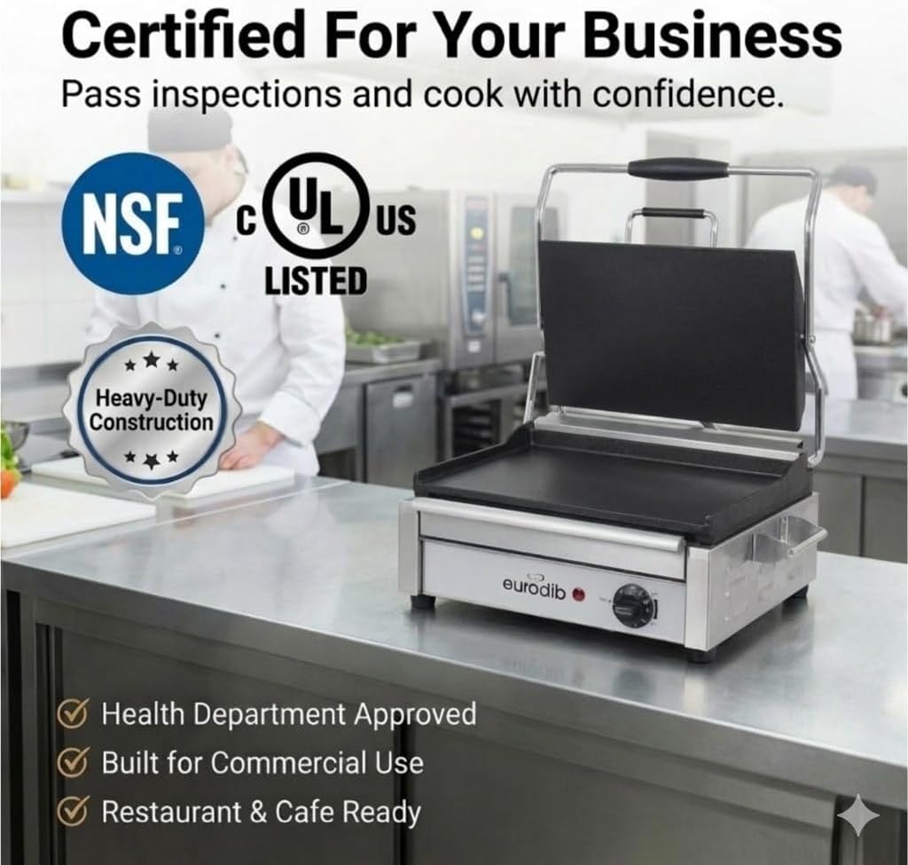 Eurodib SFE02340 Commercial Panini Press & Sandwich Grill, All-Flat Plates, Cast Iron, Adjustable Thermostat up to 572°F (300°C), Stainless Steel, 120V