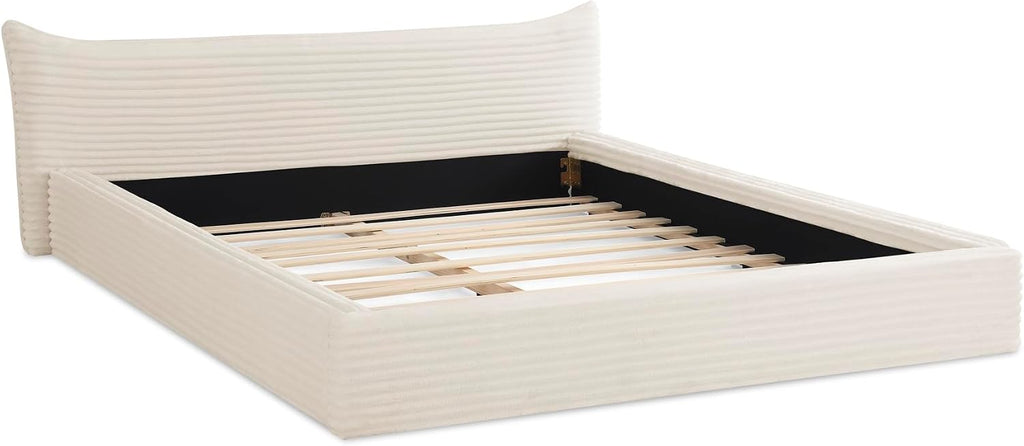 Ball & Cast Queen Size Low Bed Frame,Upholstered Grounded Platform Bed with Decorative Curved Headboard,Floor Bed with Wood Slat Support,No Box Spring Needed,Beige