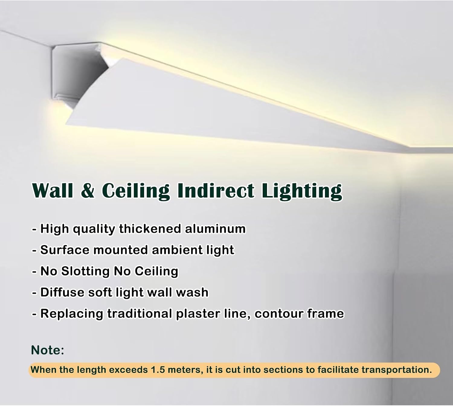 Modern LED Crown Moulding - Indirect Lighting Aluminum Profile Trim, 16.4 ft Diffuser Channel for Home Decor, Cornice Light Strip Track, Stylish Ceiling & Wall Accent