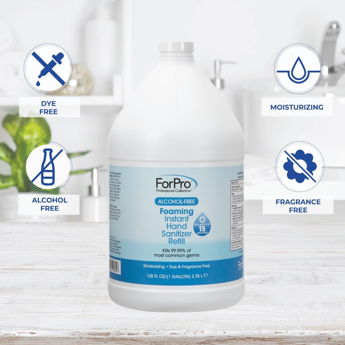 ForPro Alcohol-Free Foaming Instant Hand Sanitizer, Moisturizing, Dye-Free Formula, Fragrance Free, 1 Gallon Refill (Pack of 4)
