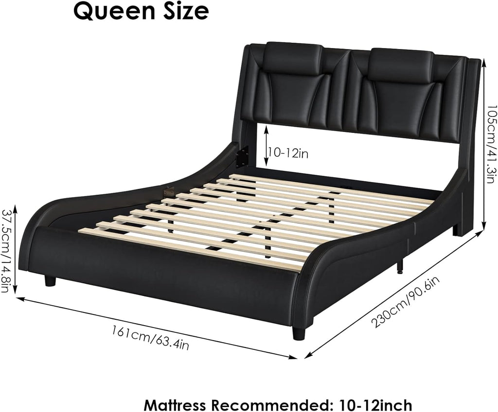 Keyluv Queen Size LED Bed Frame with Adjustable Headboard & Removable Pillow, PU Leather Upholstered Platform Bed, Wave-Like Curve Safety Design, Solid Wooden Slats Support, Easy Assembly, Black