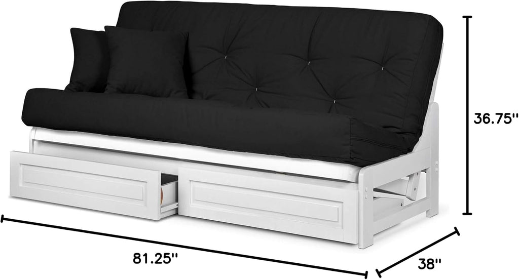 Nirvana Futons Arden White Futon with Storage Drawers Queen Size - Minimalist Armless Design with 8 Inch Comfortable Mattress (Twill Black), Sofa Bed Available in