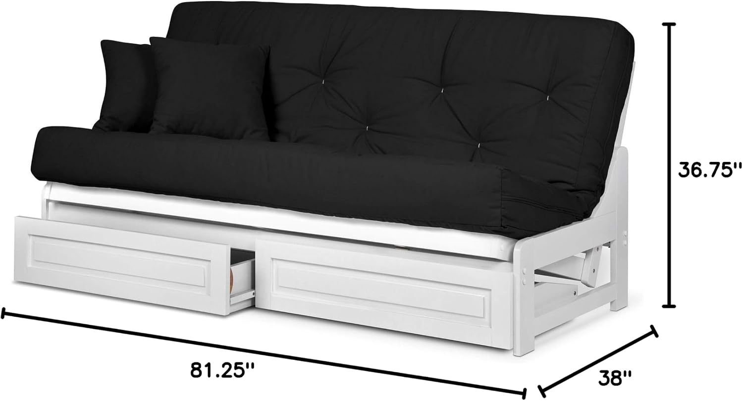 Nirvana Futons Arden White Futon with Storage Drawers Queen Size - Minimalist Armless Design with 8 Inch Comfortable Mattress (Twill Black), Sofa Bed Available in