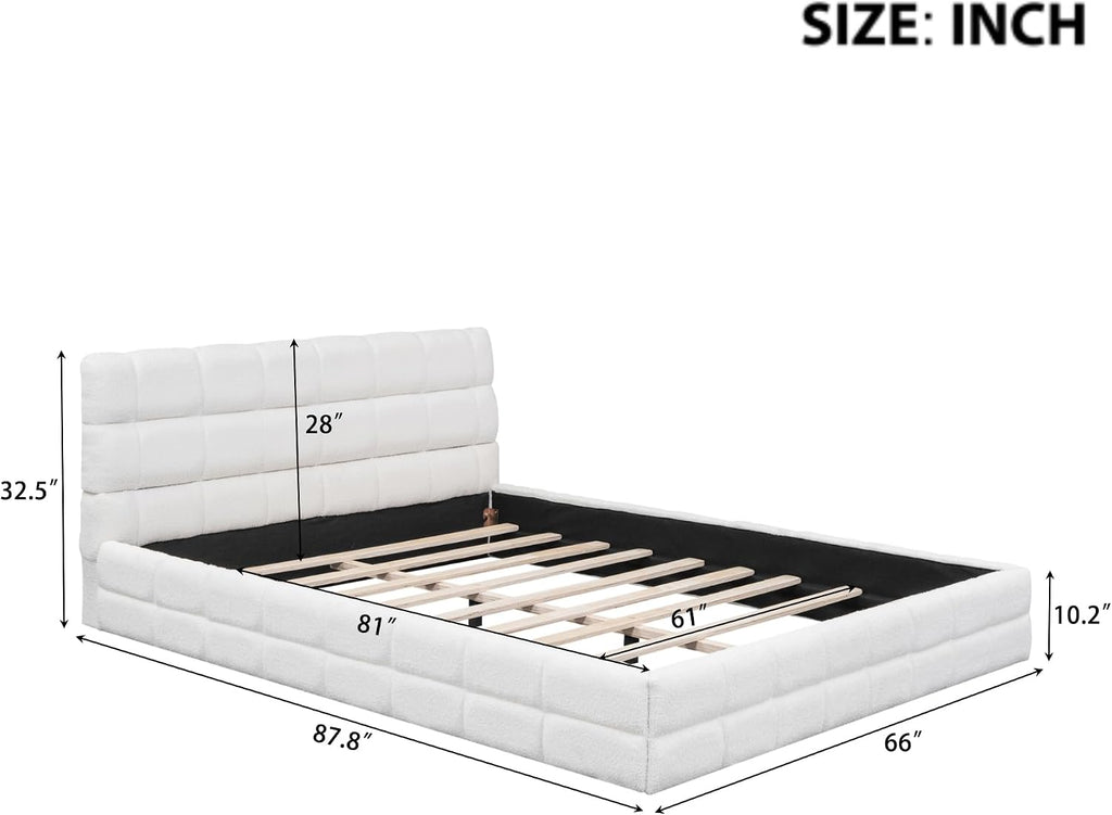 Ball & Cast Queen Size Low Bed Frame with Soft Fleece Headboard, Grounded Floor Platform Bed with Wood Slats Support for Kids Teens Adults,No Box Spring Needed,Easy Assembly,White