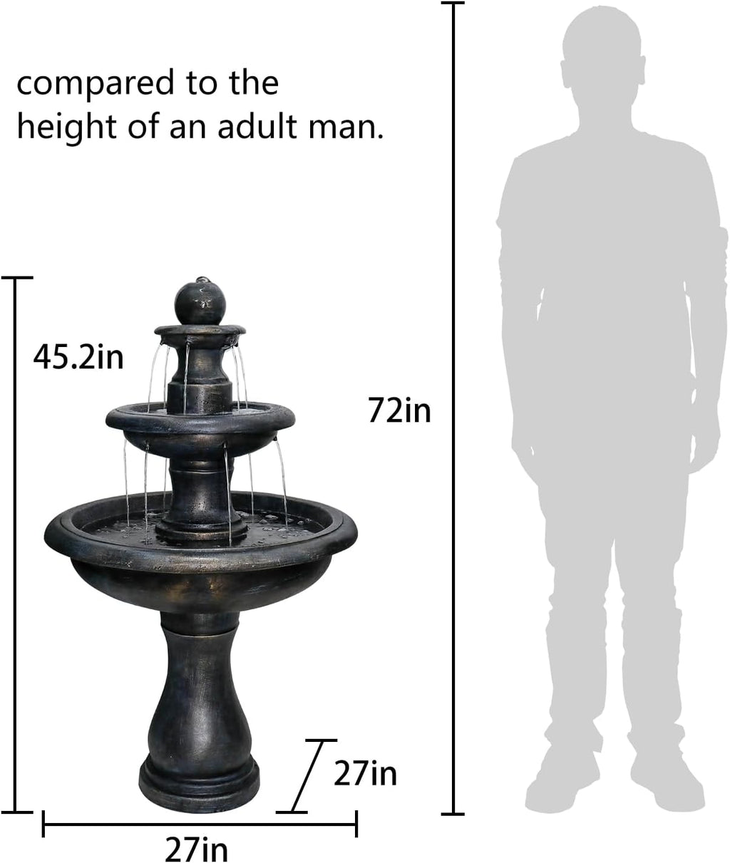 45.2' H Outdoor Floor Water Fountain, 3-Tiers Concrete Water Fountain with Submersible Electric Pump - Garden Cascading Waterfall for Yard Patio Lawn Home Decor