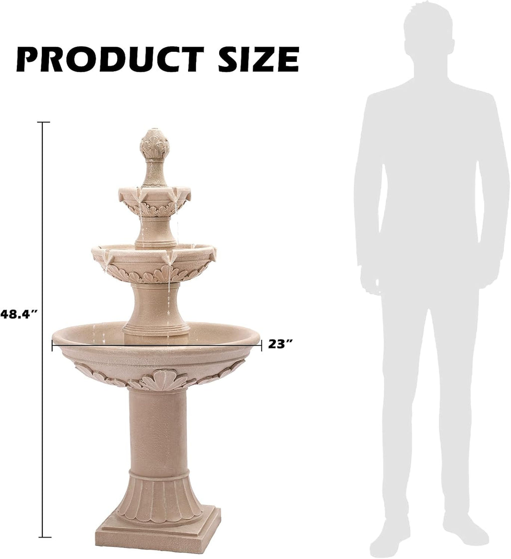 3-Tier Outdoor Water Fountain, 48.4' H Floor Backyard Garden Fountain, Water Feature Indoor with Pump, Outdoor Freestanding Waterfall Fountain, Bernini Fountain for Garden Patio Yard (Beige)