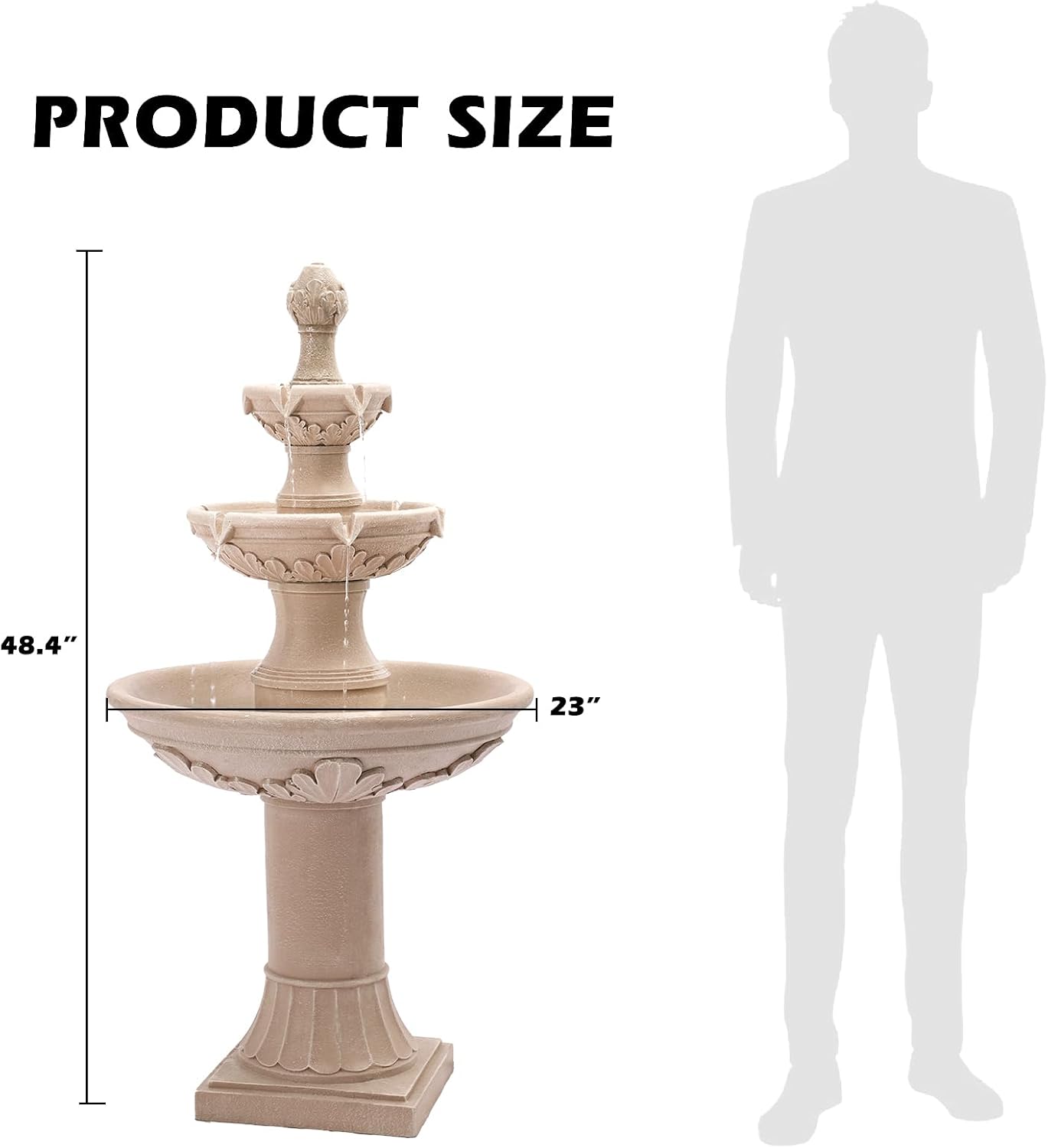 3-Tier Outdoor Water Fountain, 48.4' H Floor Backyard Garden Fountain, Water Feature Indoor with Pump, Outdoor Freestanding Waterfall Fountain, Bernini Fountain for Garden Patio Yard (Beige)
