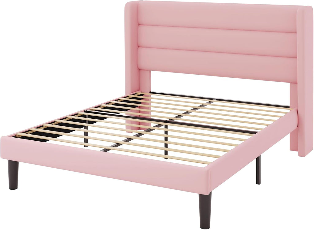 Allewie Full Size Platform Bed Frame with Velvet Upholstered Wingback Headboard, No Box Spring Needed, Under Bed Storage Space, Strong Wooden Slats, Modern Mattress Foundation, Easy Assembly, Pink