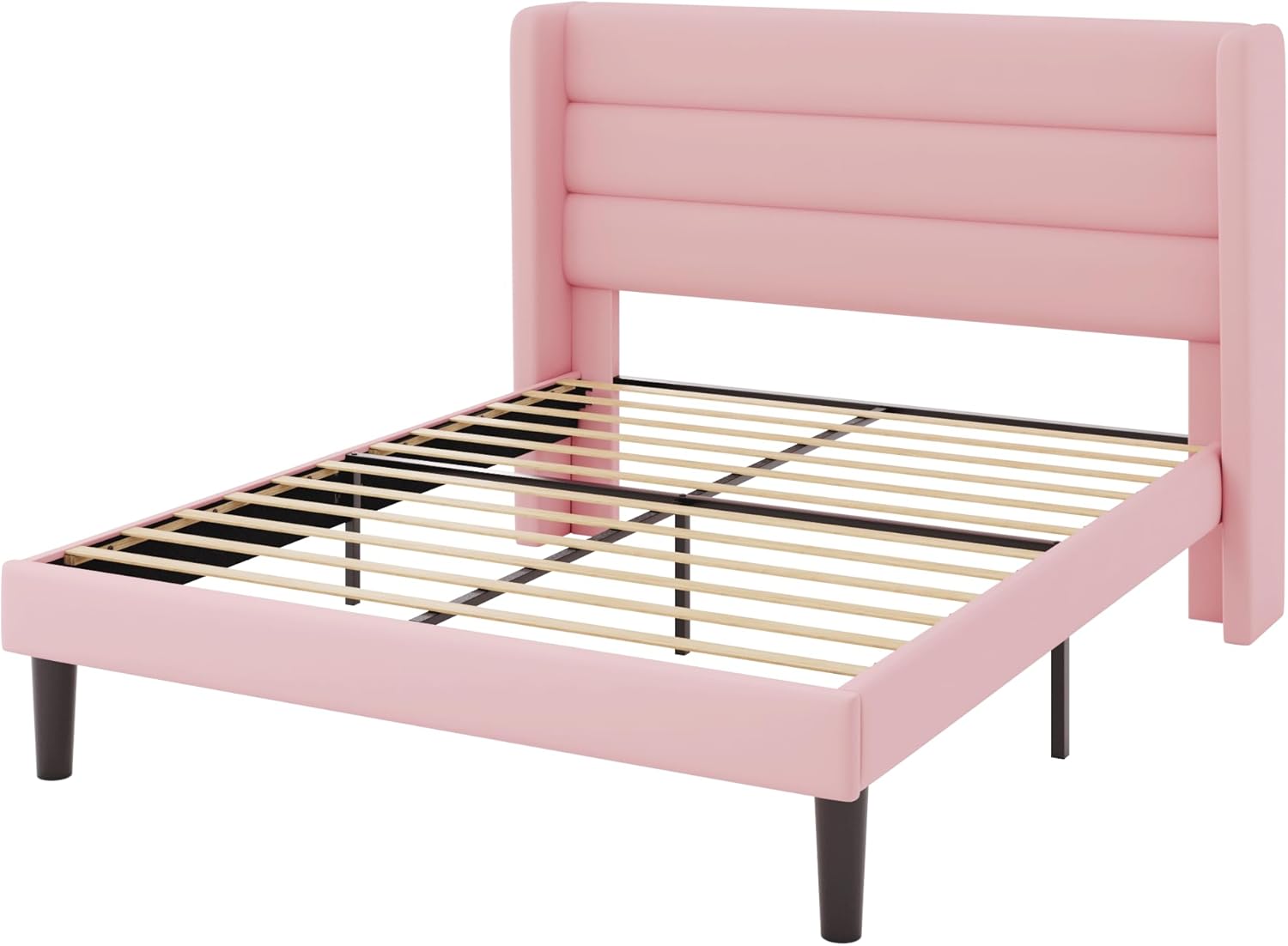 Allewie Queen Size Platform Bed Frame with Velvet Upholstered Wingback Headboard, No Box Spring Needed, Under Bed Storage Space, Strong Wooden Slats, Modern Mattress Foundation, Easy Assembly, Pink
