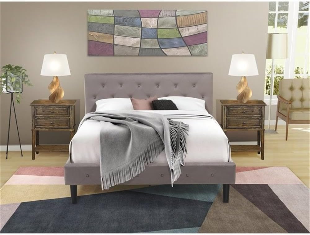 East West Furniture NL14Q-2VL07 3 Pc Bed Set - Queen Size Button Tufted Bed - Brown Taupe Velvet Fabric Upholstered Headboard and a Distressed Jacobean Finish Nightstand