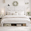 Full Size Bed Frame with Headboard – Farmhouse Style Platform with LED Lights USB Charging No Box Spring Easy Assembly White Boho Bed Frame Modern Bedroom Sets (Boho White, Full)