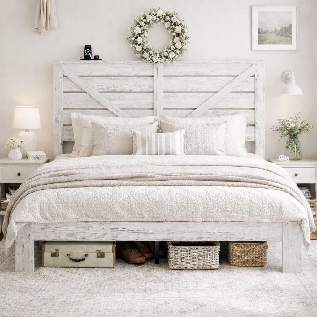 Full Size Bed Frame with Headboard – Farmhouse Style Platform with LED Lights USB Charging No Box Spring Easy Assembly White Boho Bed Frame Modern Bedroom Sets (Boho White, Full)