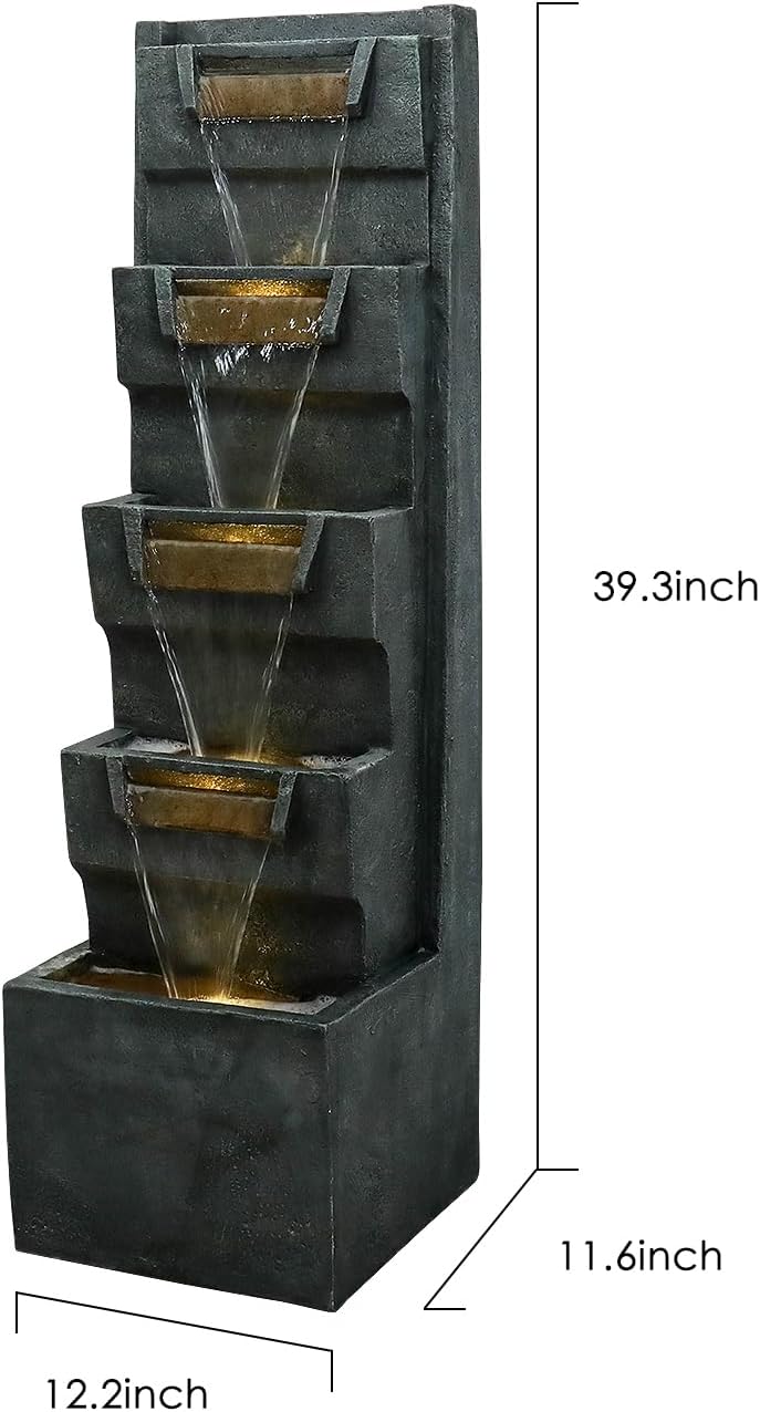 SunJet 4-Tiers Modern Cascading Indoor/Outdoor Fountains and Waterfalls with LED Lights - 39.3' High Large Water Fountain for Garden, Patio, Yard, and Deck Decor - Relaxing Water Fountain Outdoor