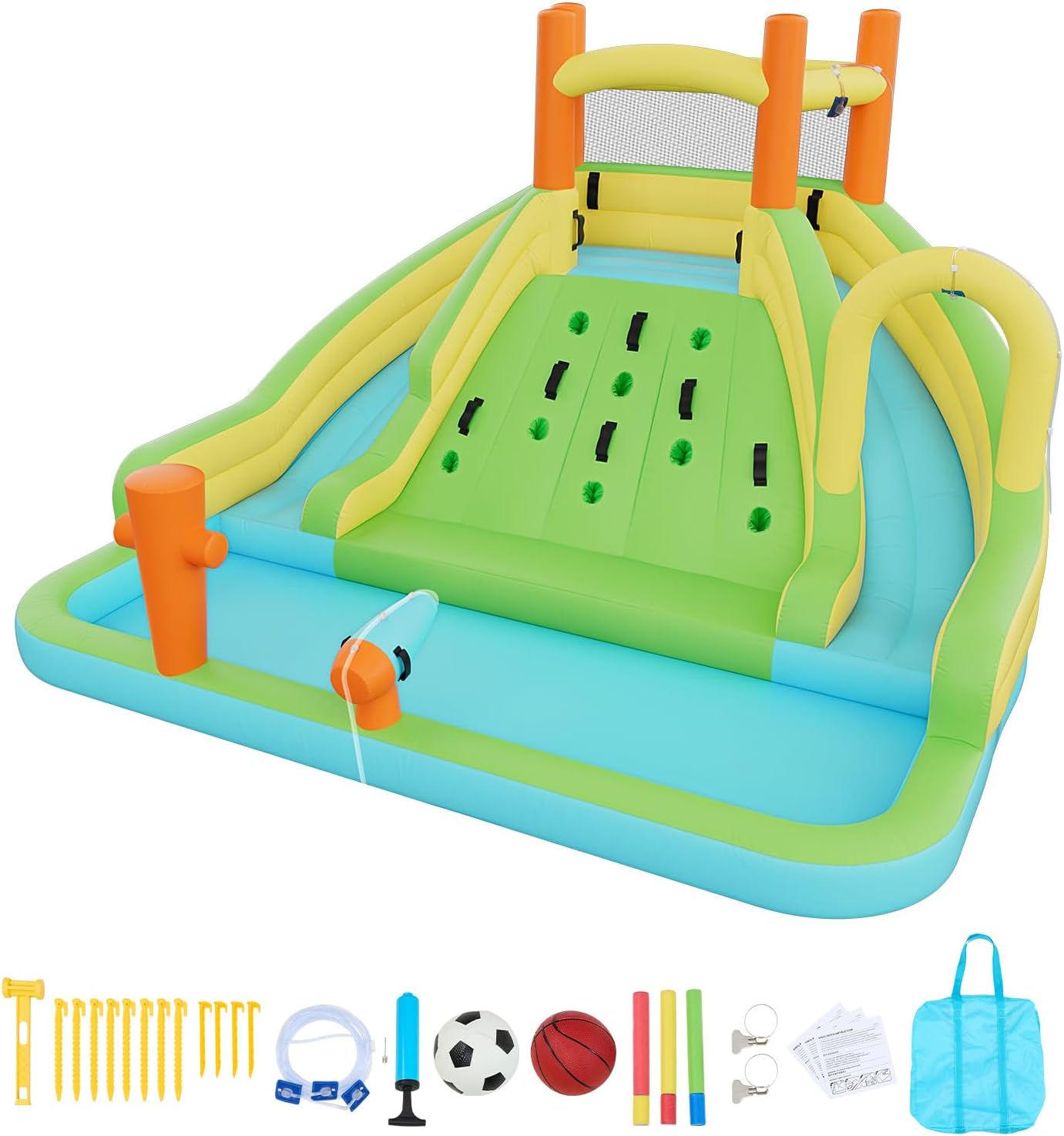 VEVOR Inflatable Water Slide Bounce House with Blower, Compact 5-in-1 Kids Bouncy Castle with Slide, Splash Pool, Climbing Wall, Basketball Hoop & Bounce Area for Kids