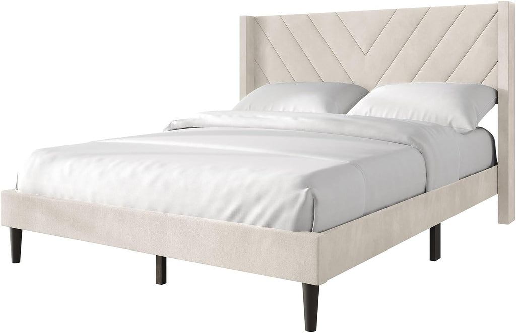 Queen Platform Bed Frame with Chevron-Stitched Wingback Headboard, Velvet Upholstery, No Box Spring Needed, Easy Assembly, Beige