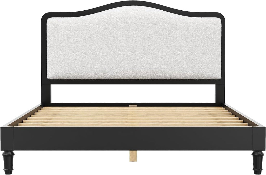 VilroCaz Queen Size Platform Bed with Upholstered Headboard, Versatile Solid Wood Platform Bed Frame with Sturdy Slats Support (Black Frame, Queen)