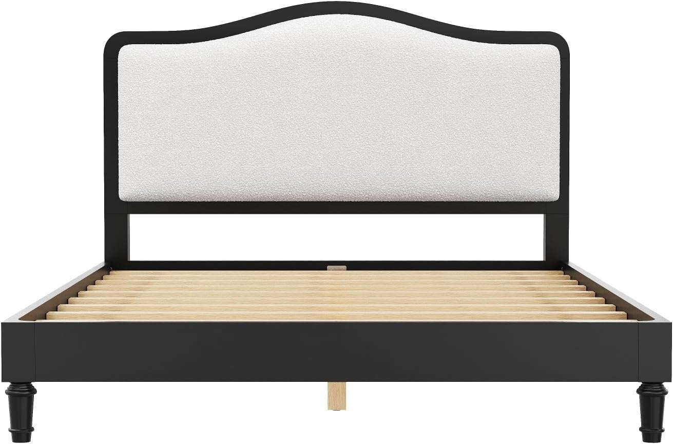 VilroCaz Queen Size Platform Bed with Upholstered Headboard, Versatile Solid Wood Platform Bed Frame with Sturdy Slats Support (Black Frame, Queen)