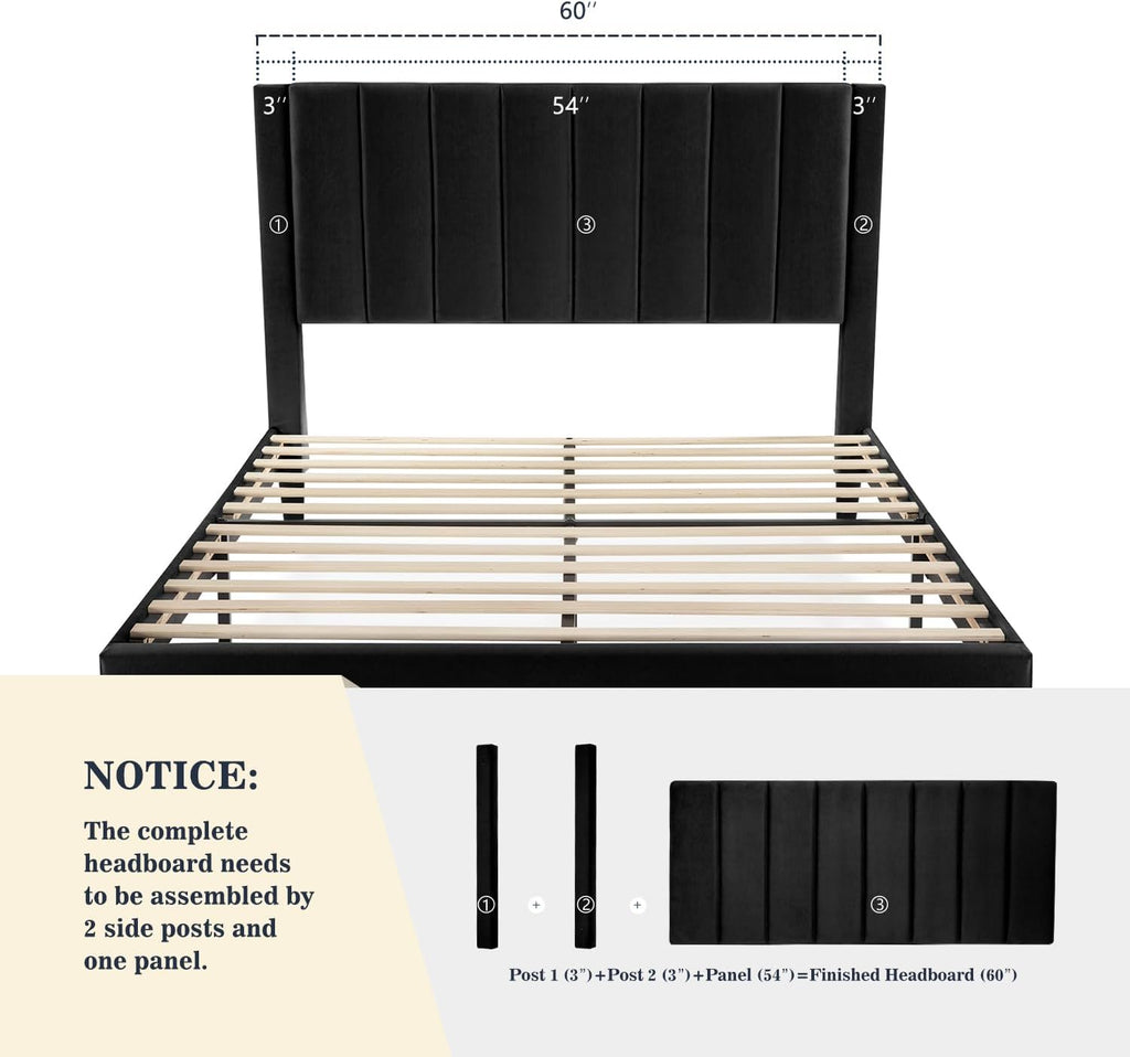 Allewie Queen Bed Frame/Velvet Upholstered Bed Frame with Vertical Channel Tufted Headboard/Strong Wooden Slats/Platform Bed Frame/Mattress Foundation/Box Spring Optional/Easy Assembly/Black