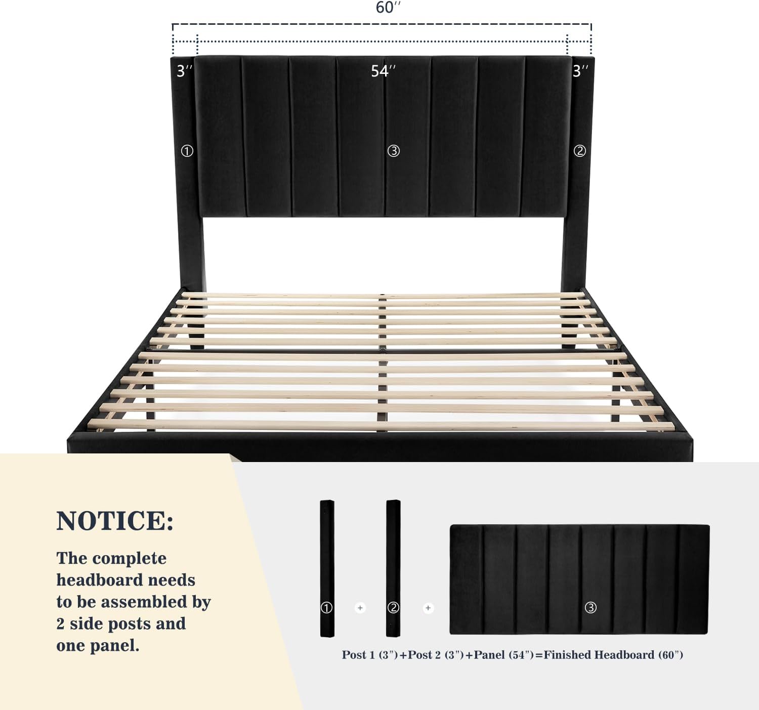 Allewie Queen Bed Frame/Velvet Upholstered Bed Frame with Vertical Channel Tufted Headboard/Strong Wooden Slats/Platform Bed Frame/Mattress Foundation/Box Spring Optional/Easy Assembly/Black