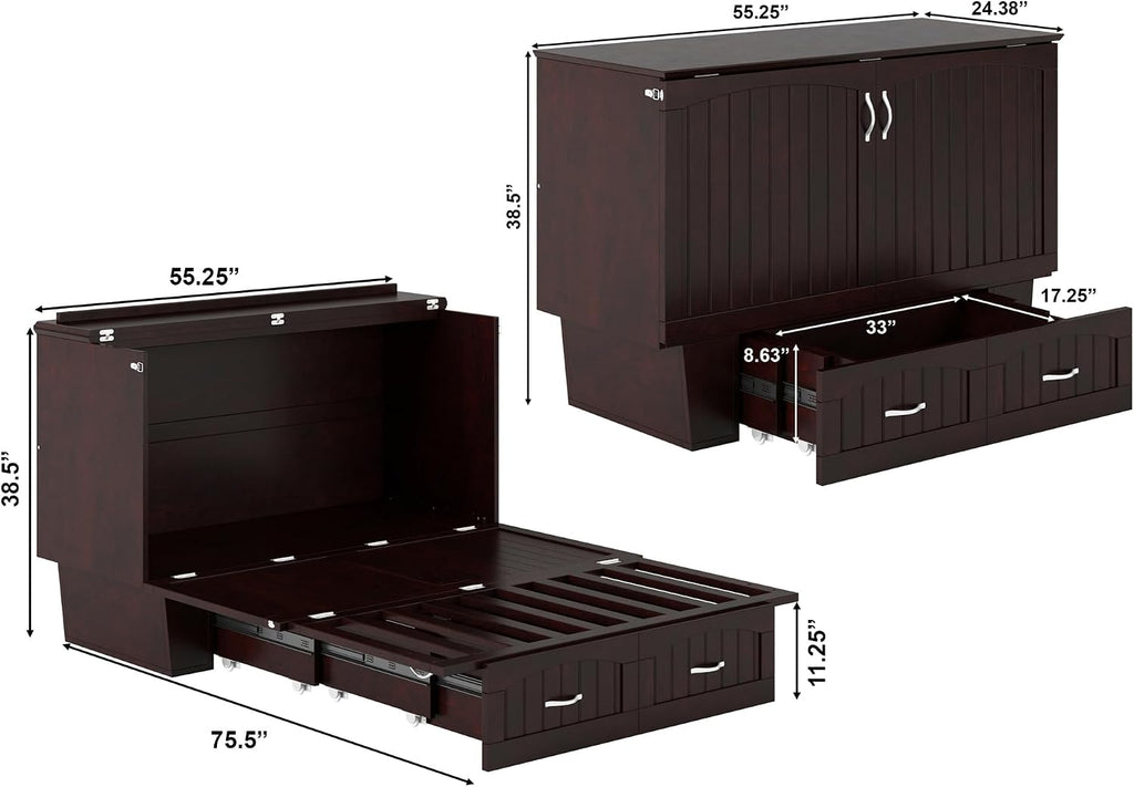 AFI, Nantucket Full Size Murphy Bed Chest with Mattress, Built-in Charging Station and Storage Drawer, Full, Espresso