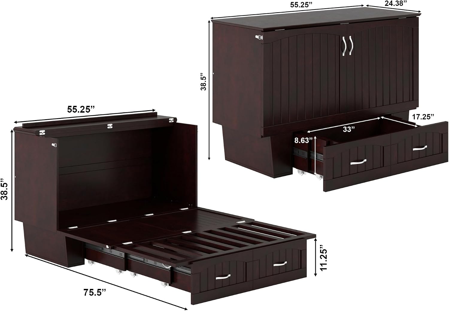 AFI, Nantucket Full Size Murphy Bed Chest with Mattress, Built-in Charging Station and Storage Drawer, Full, Espresso