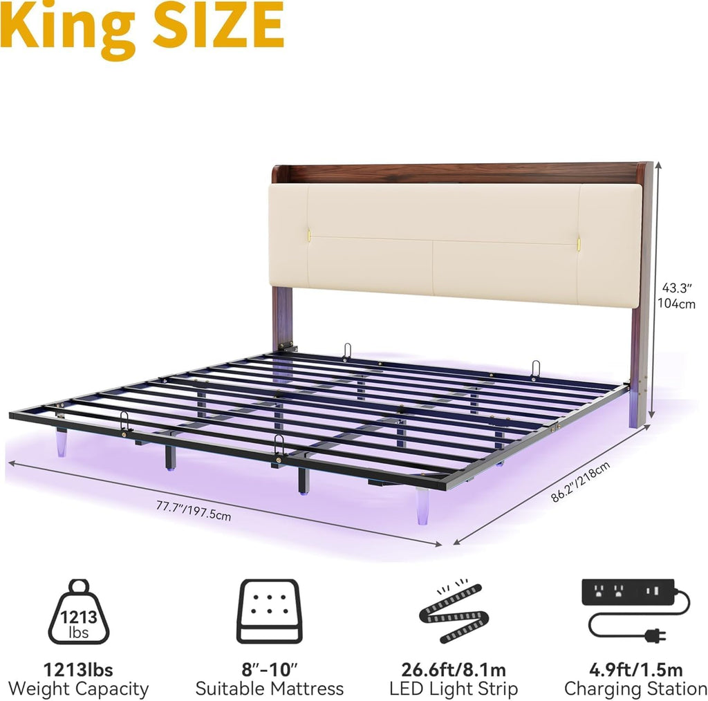 YITAHOME Floating Bed Frame King with USB-C/A Charging Station & Led Light, PU Upholstered Platform Bed with Hidden Storage Headboard, Heavy Duty Metal Slats, No Box Spring Needed, Beige