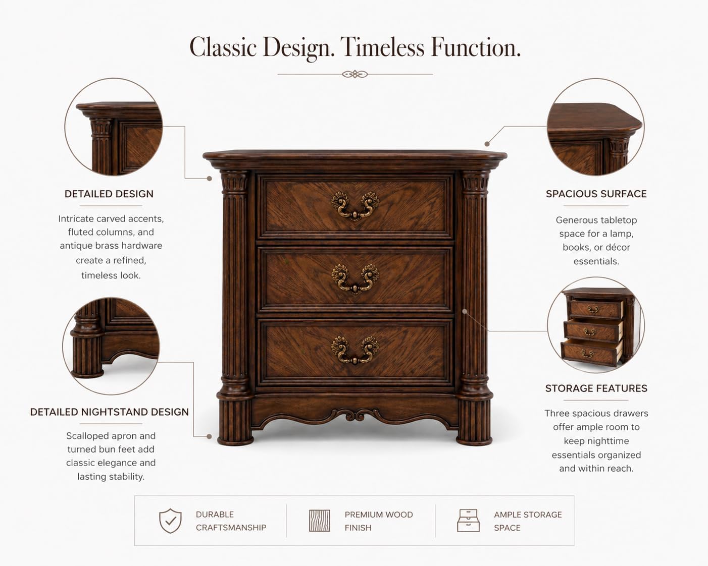 First of a Kind Traditional Wood Bedside Table Nicole Collection Rich Walnut Finish Classic European Design Bedside Table Carved Detailing Elegant Coordinated Furniture Piece