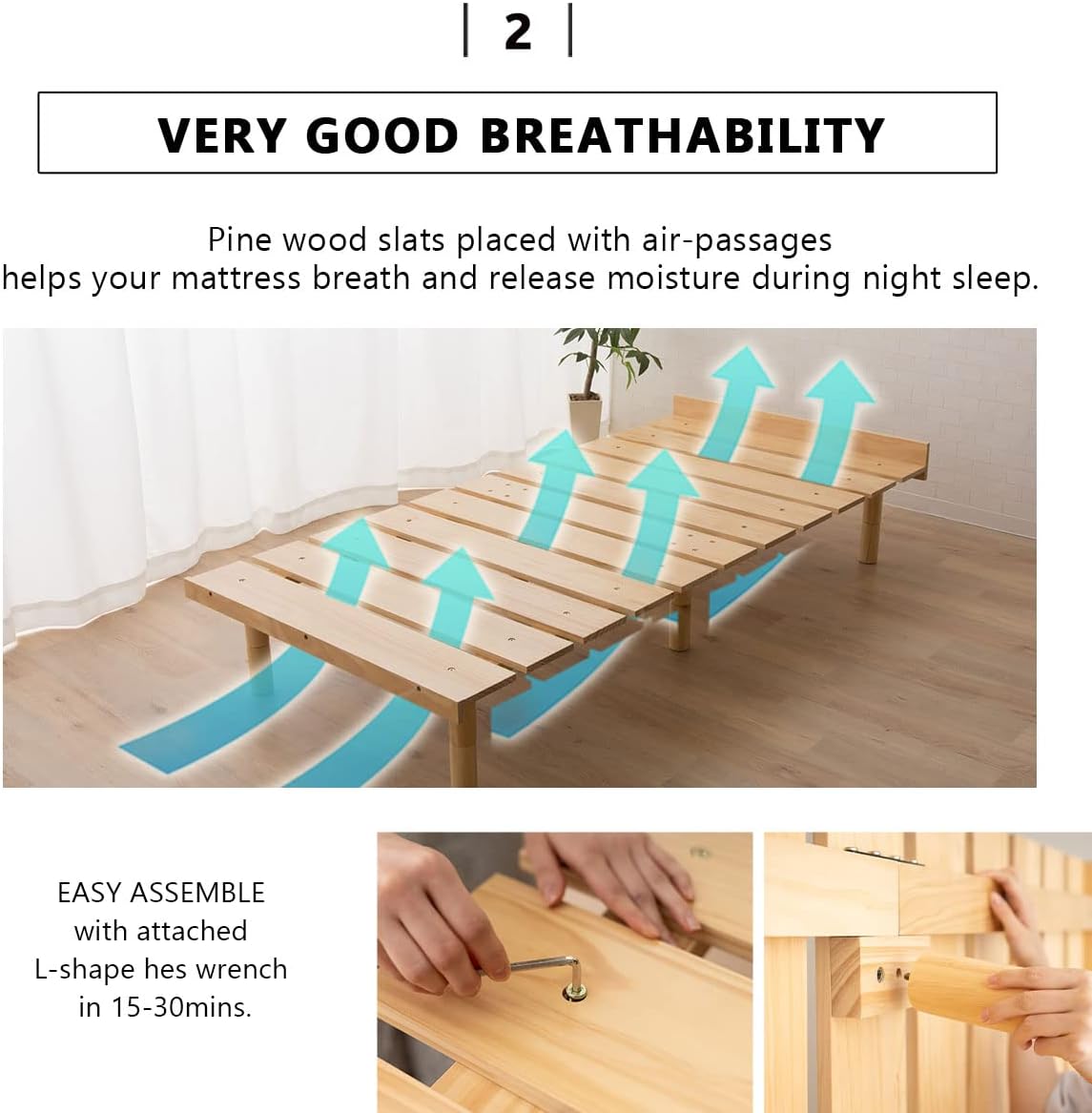 EMOOR Wood Slatted Floor Bed Frame OSMOS Full for Japanese Futon Mattress Solid Pine (Earth-Natural), Height Adjustable (2/7/12in) Tatami Mat