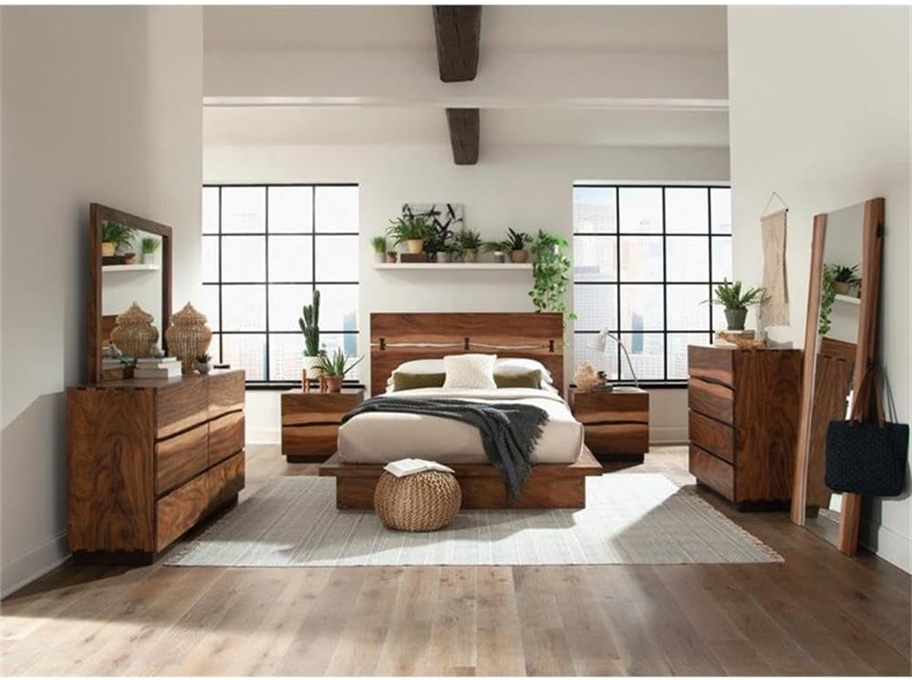 MAKLAINE Modern 5-Piece Wood Queen Bedroom Set, Smokey Walnut Finish, Includes Platform Bed, Nightstand, Dresser, Mirror, Chest, Mahogany Wood with Trembesi and Walnut Veneer, Felt-Lined Drawers, USB