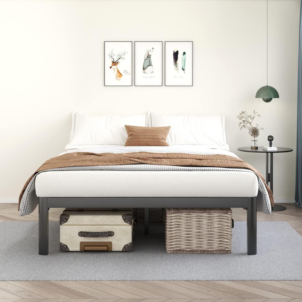 MAF 14 Inch Queen Platform Bed Frames with Wooden Slats, Black 3500 Lbs Heavy Duty Metal Bed Frame with Anti-Collision Round Legs, No Box Spring Needed, Easy Assembly