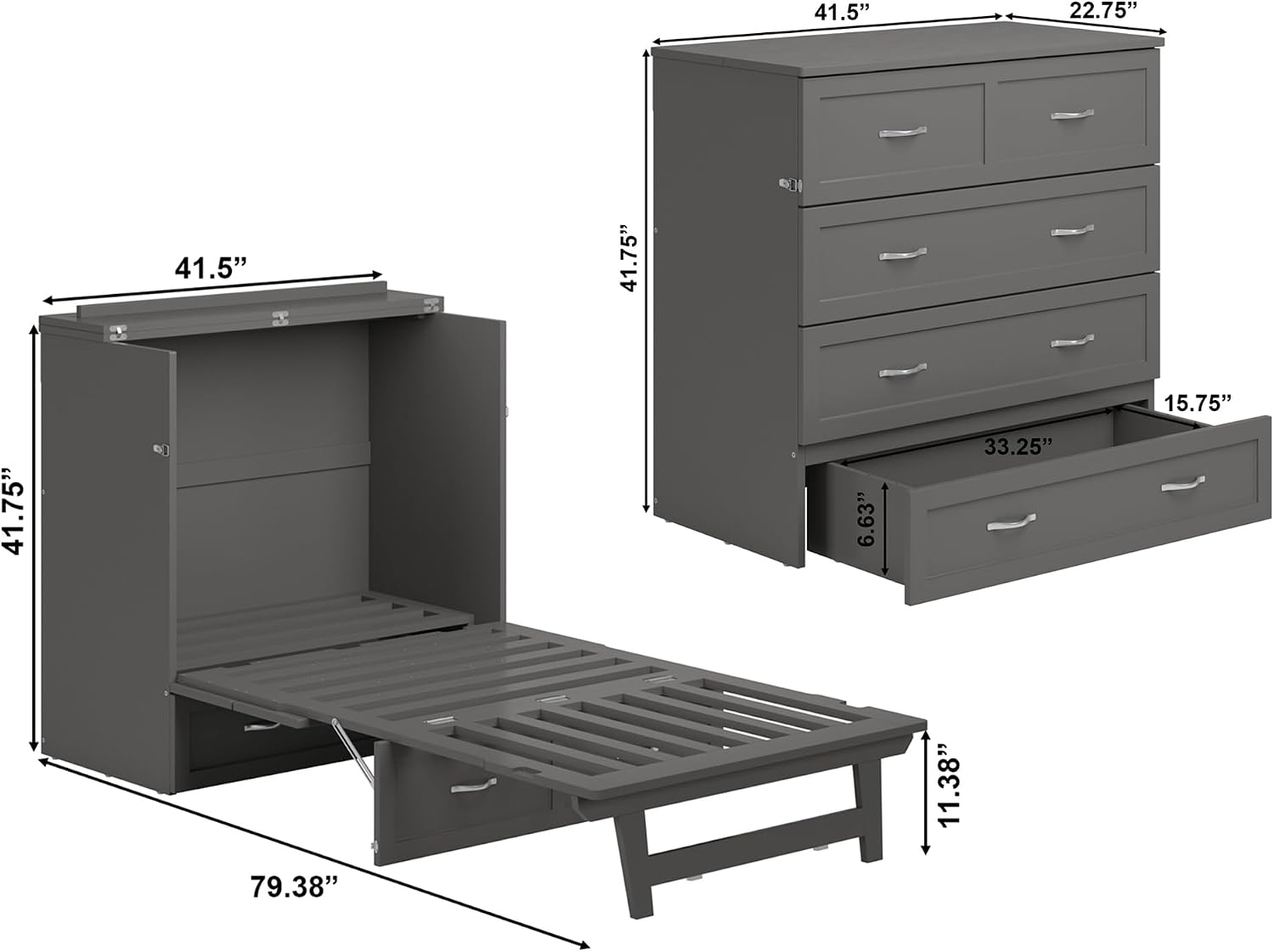 AFI, Northfield Murphy Bed Chest Twin XL with 6' Mattress, Storage Drawer & Built-in USB Charger, Grey