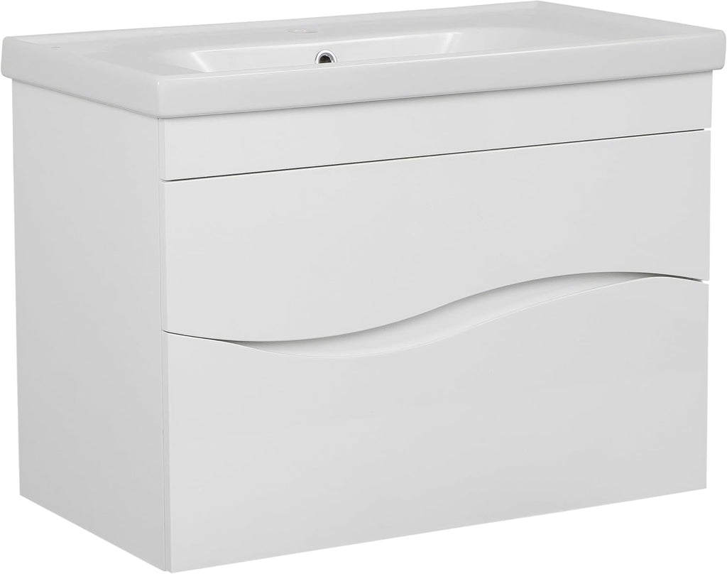 Modern Wall-Mounted Bathroom Vanity with Washbasin | Wave White High Gloss Mirror | Non-Toxic Fire-Resistant MDF-28-Omega Mirror R-line 24'