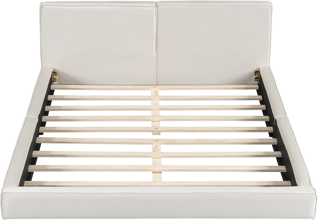 Queen Size Upholstered Platform Bed with Velvet Fabric Headboard, Solid Wood Grounded Bed Frame with Slats Support for Bedroom, Easy Assembly,No Box Spring Needed (Beige-173J)