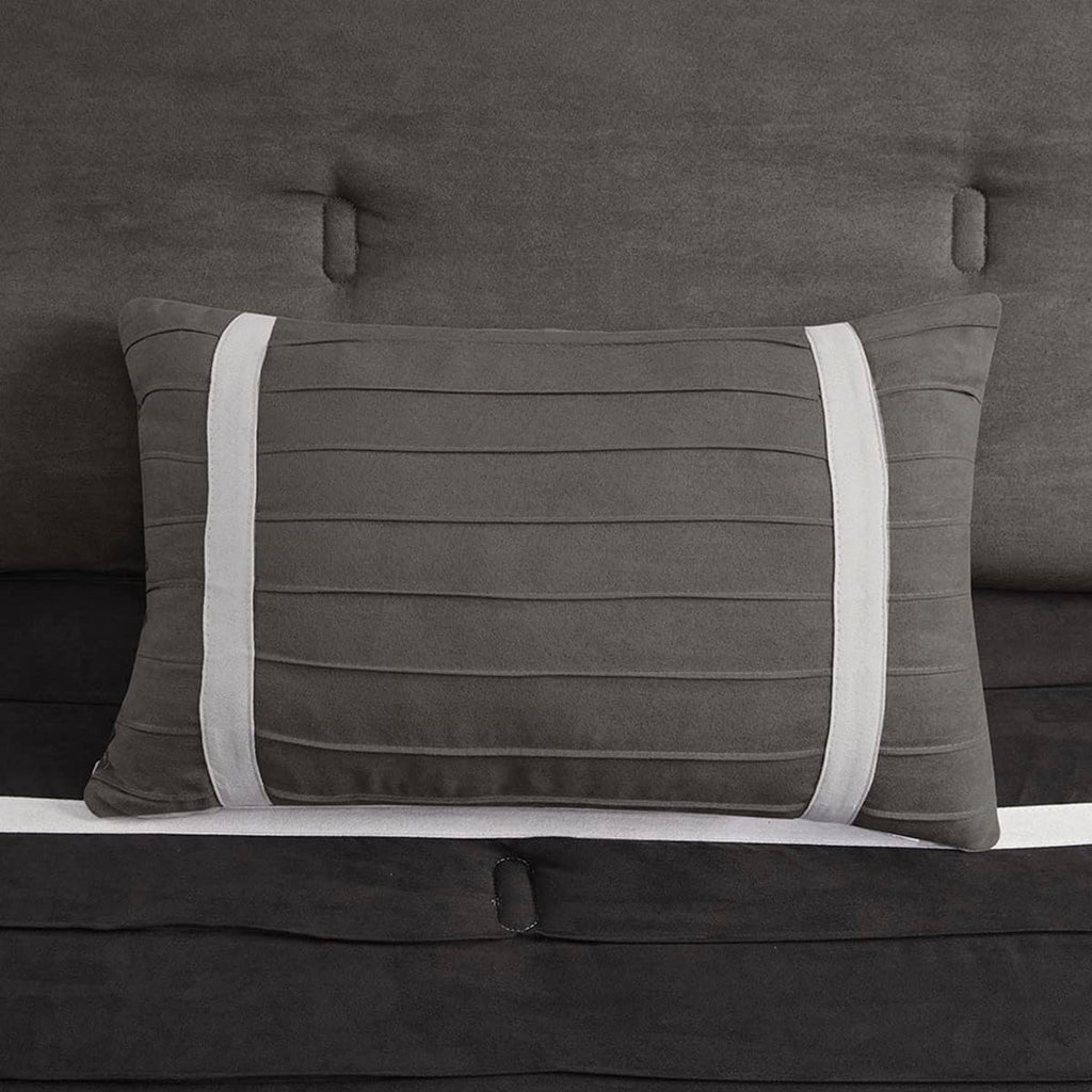 Madison Park Palmer Comforter Set - Faux Suede Design, Striped Accent, All Season Down Alternative Bedding, Matching Shams, Decorative Pillow, Bed Skirt, King (104 in x 92 in), Black 7 Piece