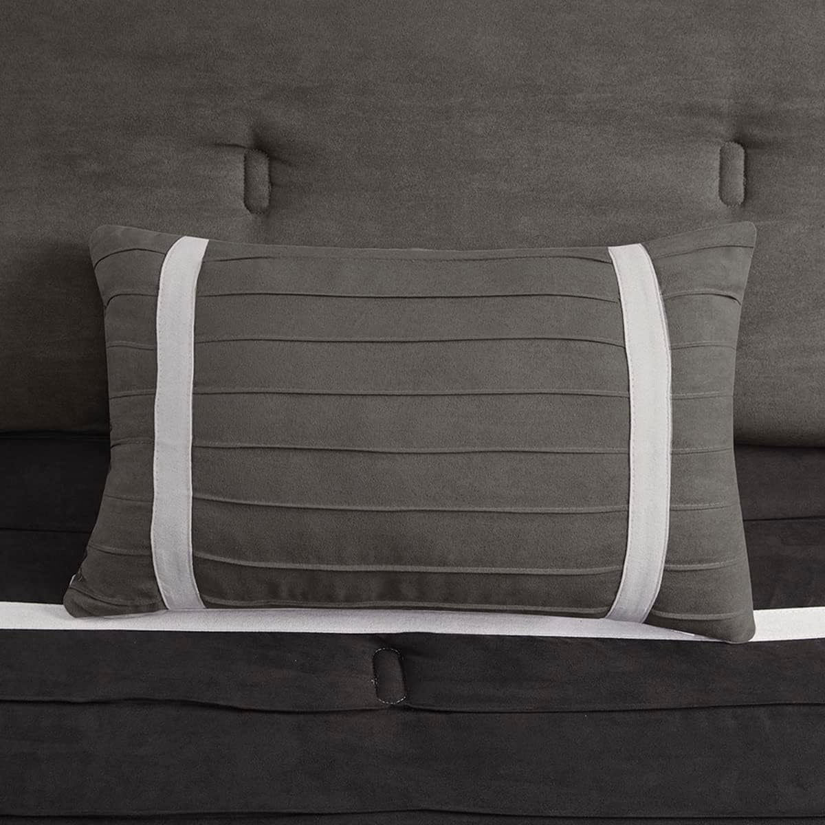 Madison Park Palmer Comforter Set - Faux Suede Design, Striped Accent, All Season Down Alternative Bedding, Matching Shams, Decorative Pillow, Bed Skirt, King (104 in x 92 in), Black 7 Piece