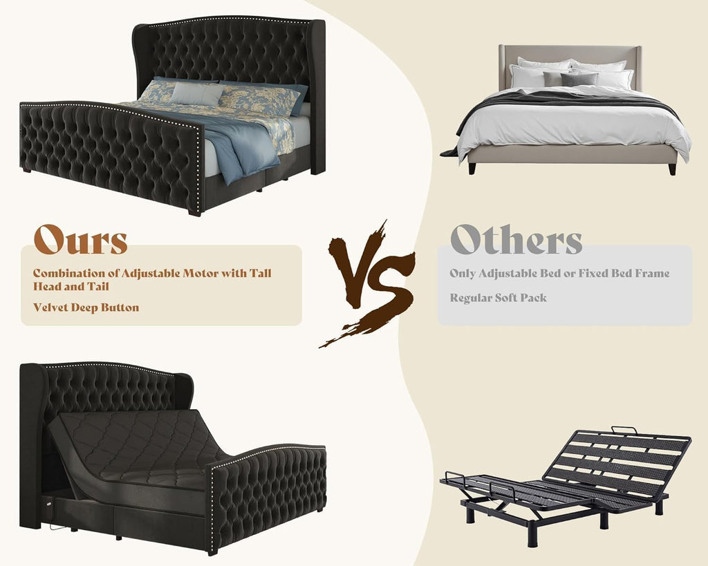 AMERLIFE 51' H Queen Size Adjustable Bed Frame with Velvet Upholstered and Deep Button Tufted Headboard, Electric Bed with Dual Motor/Nailhead Trim Wingback, No Box Spring Needed, Black