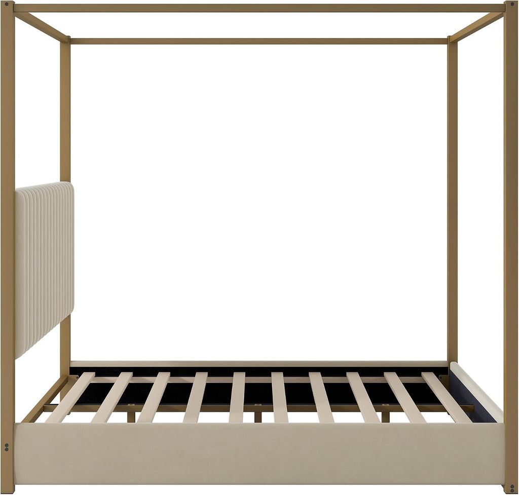 Queen Size Canopy Bed with Upholstered Headboard, 4-Poster Bed Frame with Metal Frame for Bedroom (Beige, Queen)