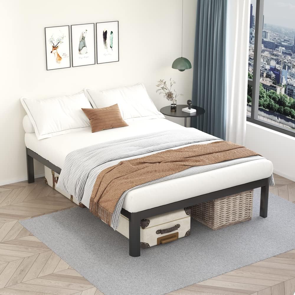 MAF 14 Inch Full Size Platform Bed Frames with Wooden Slats, Black 3500 Lbs Heavy Duty Metal Bed Frame with Anti-Collision Round Legs, No Box Spring Needed, Easy Assembly