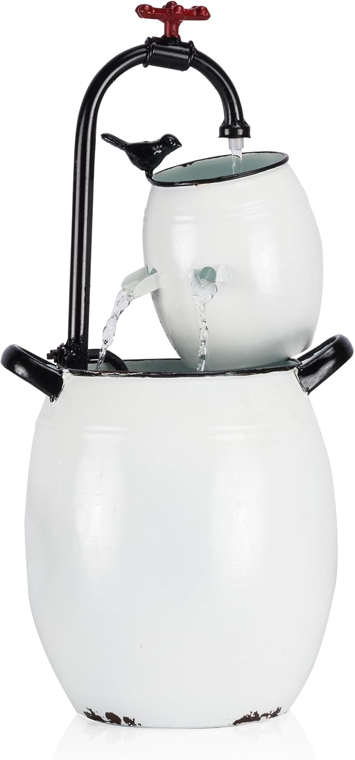 Alpine Corporation YHL428 Outdoor Tabletop Barrels and Faucet Water Fountain, Antique Tabletop Décor Fountain 19', White