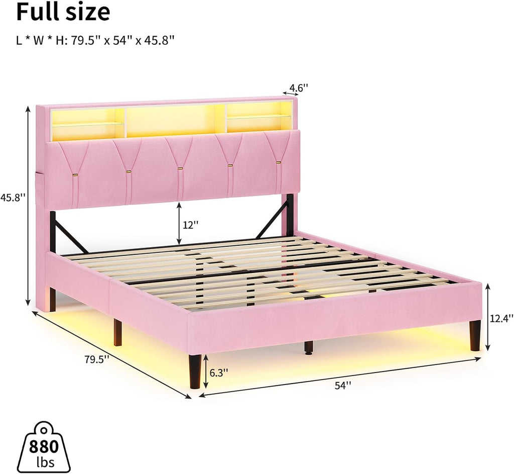 HAUOMS Full Size Bed Frames with Storage Headboard,Power Outlet, Modern Velvet Upholstered Platform Bed LED Bed Frame with 5 Storage Shelves, No Box Spring Needed, Pink