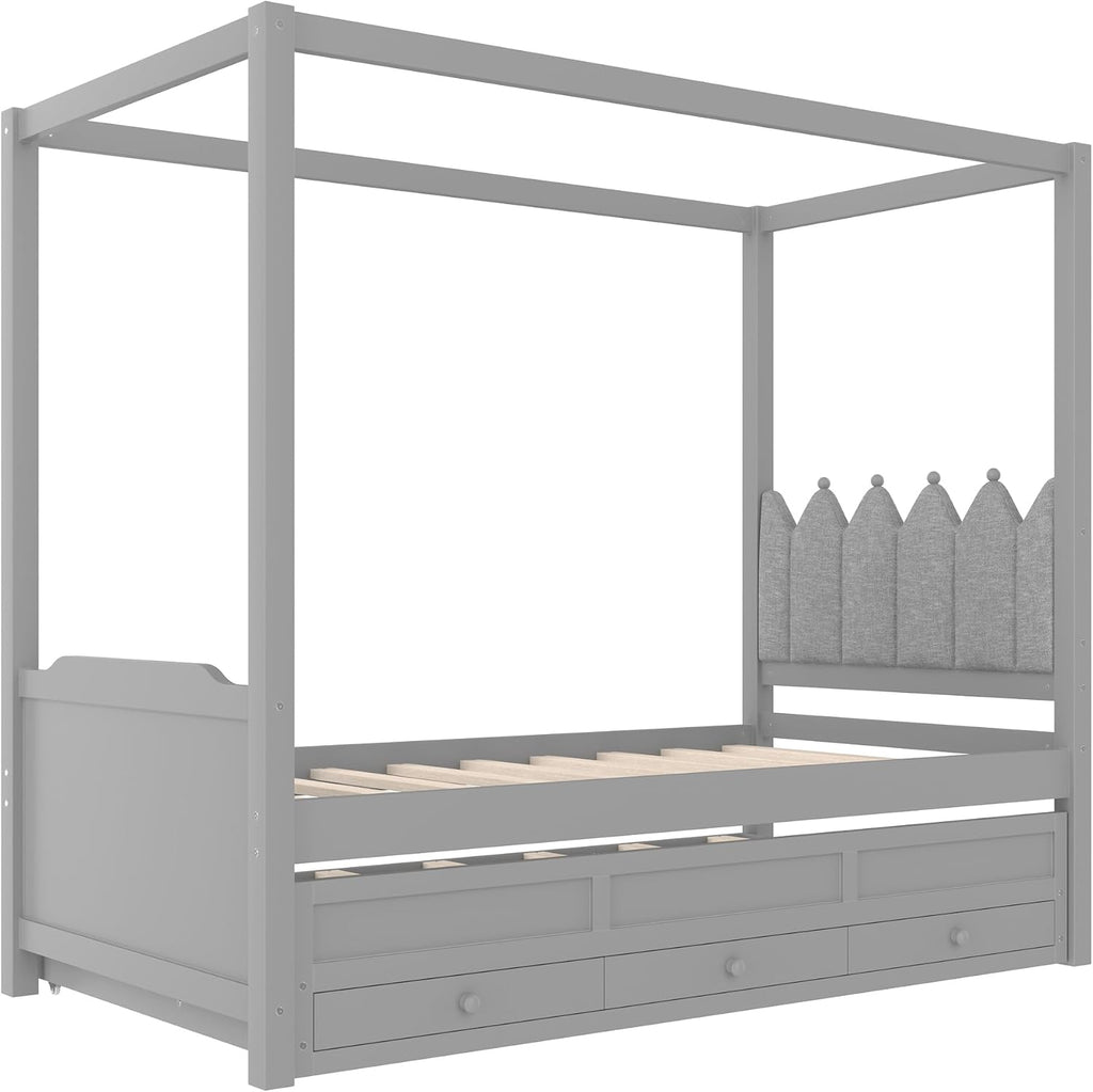 Twin Size Wood Canopy Bed with Upholstered Headboard, Twin Size Trundle and 3 Drawers, No Box Spring Needed (Gray, Twin)
