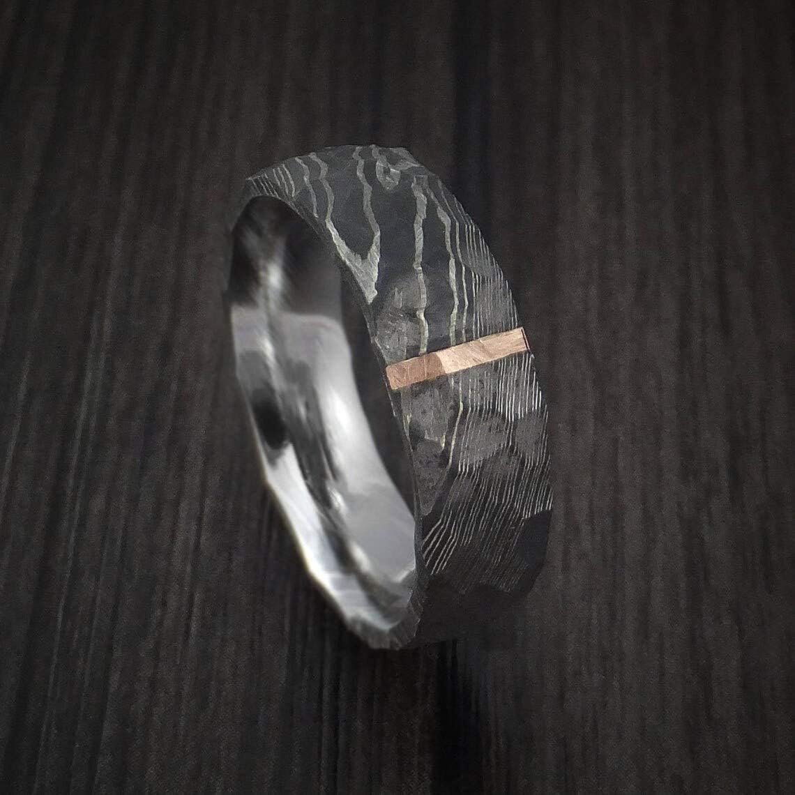 Damascus KE-207-AT Steel Ring Custom and Handmade Ring Hammer Finish Vertical Copper Inlay Steel Fathers Day Ring Wedding Band Rings (Color Might be Slightly Different)