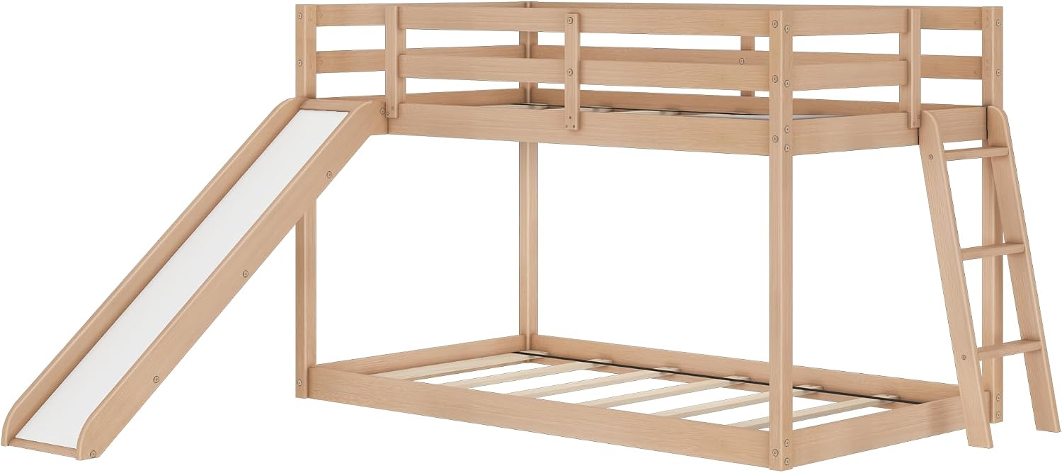 Grain & Grove Bear Twin Over Twin Bunk Bed with Slide, Low Bunk Bed Frame for Kids, Bunk with Ladder, Guardrail, and Slats, No Box Spring Required, Oak Embossed Natural