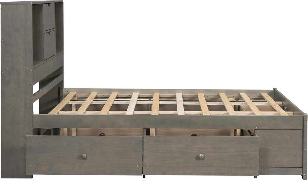 VilroCaz Wood King Size Platform Bed with Storage Headboard, Modern Platform Bed Captain's Bed Frame with 8 Drawers, Sturdy Slats Support, Maximize Space (Grey-M3, King)