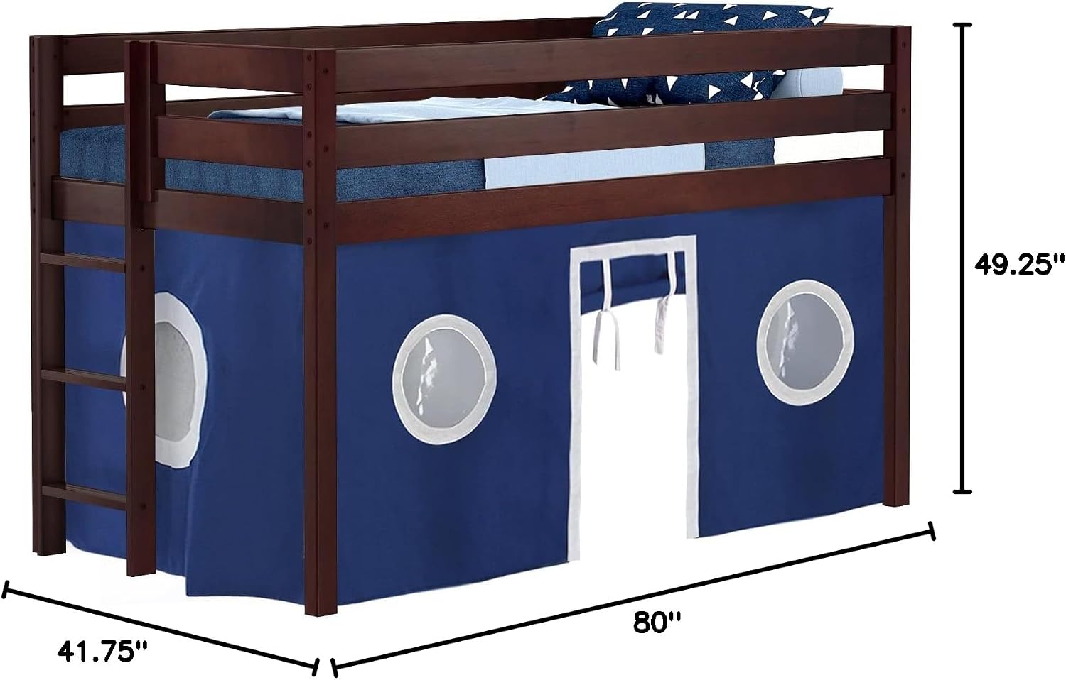 Jackpot! Contemporary Low Loft Twin Bed with End Ladder, Cherry with Blue & White Tent
