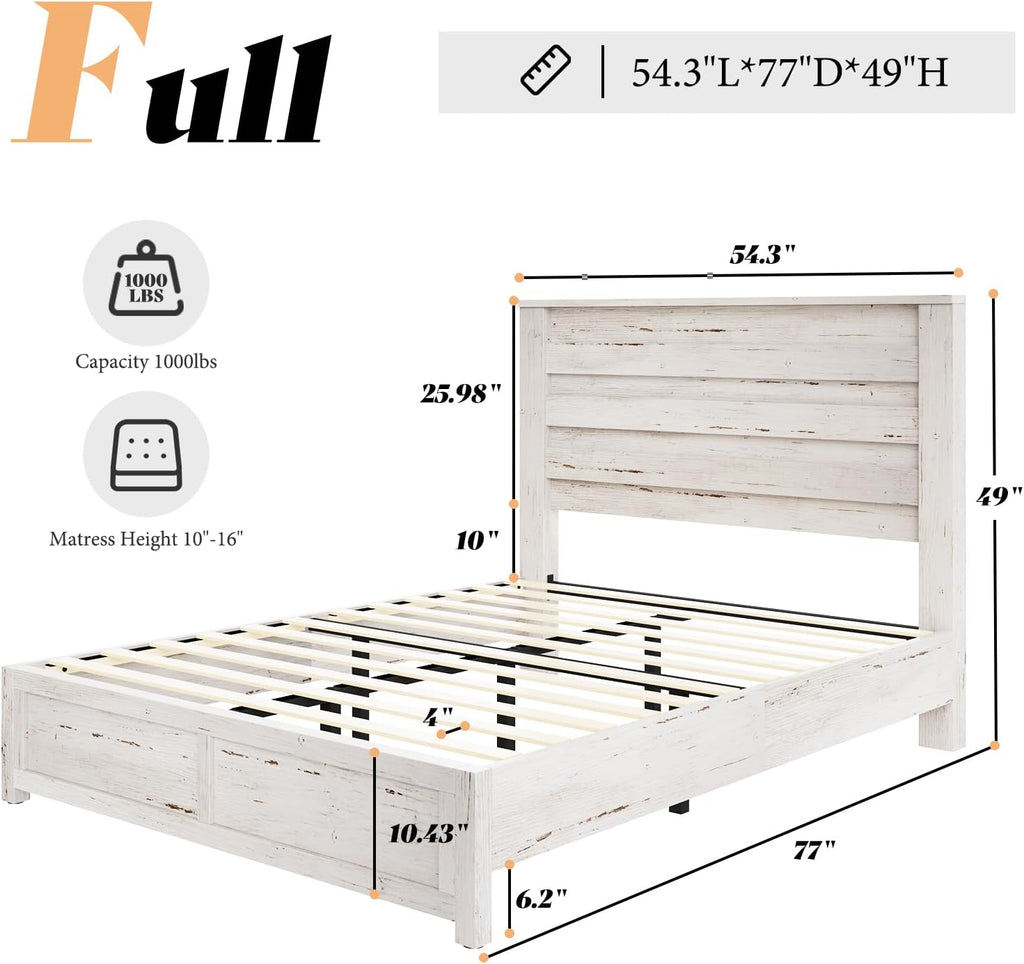 AMERLIFE Farmhouse Full Size Bed Frame with 49' Fluted Headboard, Platform Bed with Natural Wood Grain, No Box Spring Needed/Noise Free, Distressed White