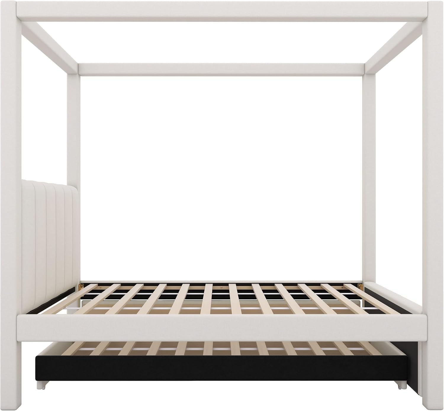 Modern Twin Size Upholstery Canopy Platform Bed with Trundle and 3 Storage Drawers, Twin Size Linen Storage Platform Bed with Backrest and Wood Slat Support for Kids and Teens (Beige, Twin)