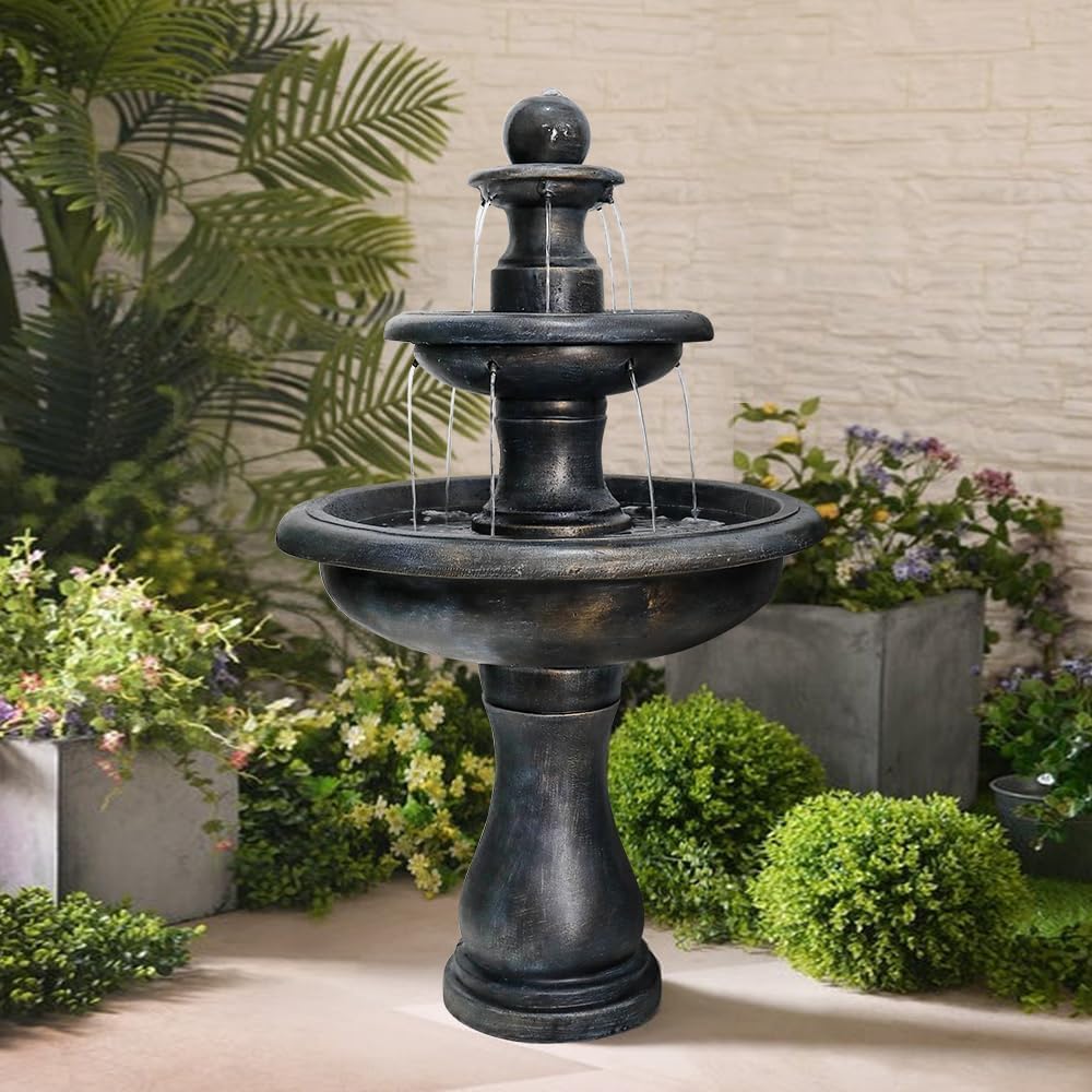 45.2' H Outdoor Floor Water Fountain, 3-Tiers Concrete Water Fountain with Submersible Electric Pump - Garden Cascading Waterfall for Yard Patio Lawn Home Decor