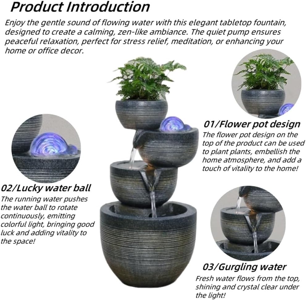 Indoor Fountain – Cascading Water Feature, Resin Fountains with LED Lights/Rolling Ball/Automatic Pump for Home, Decorative Tabletop Waterfall with Pot to Grow Plant by Yourself(A)