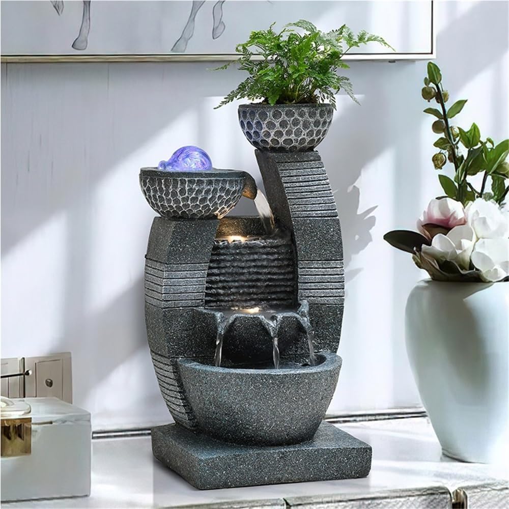 Indoor Fountain – Cascading Water Feature, Resin Fountains with LED Lights/Rolling Ball/Automatic Pump for Home, Decorative Tabletop Waterfall with Pot to Grow Plant by Yourself(B)